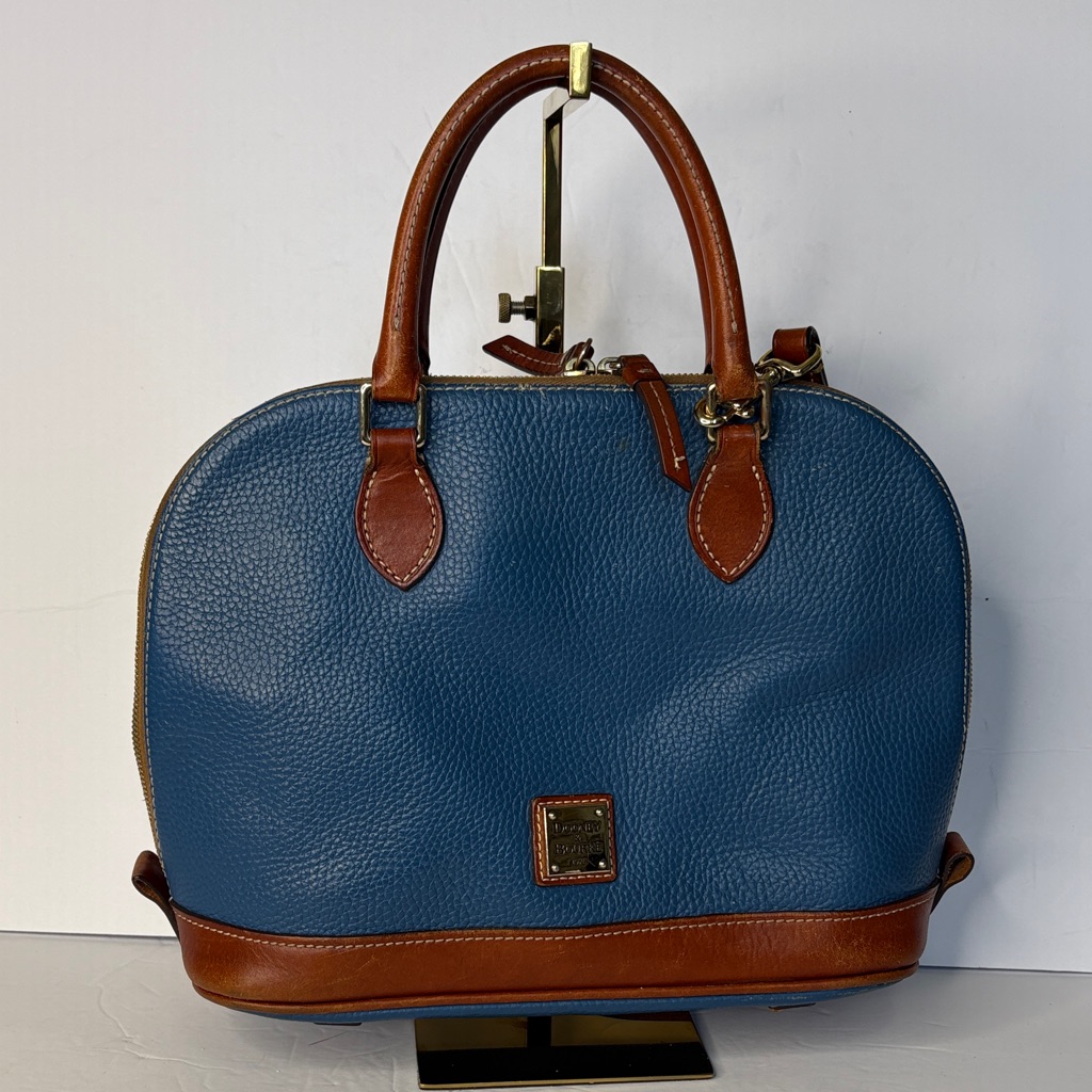 Dooney & Bourke Cerulean Blue And Tan Pebble Leather Domed Satchel